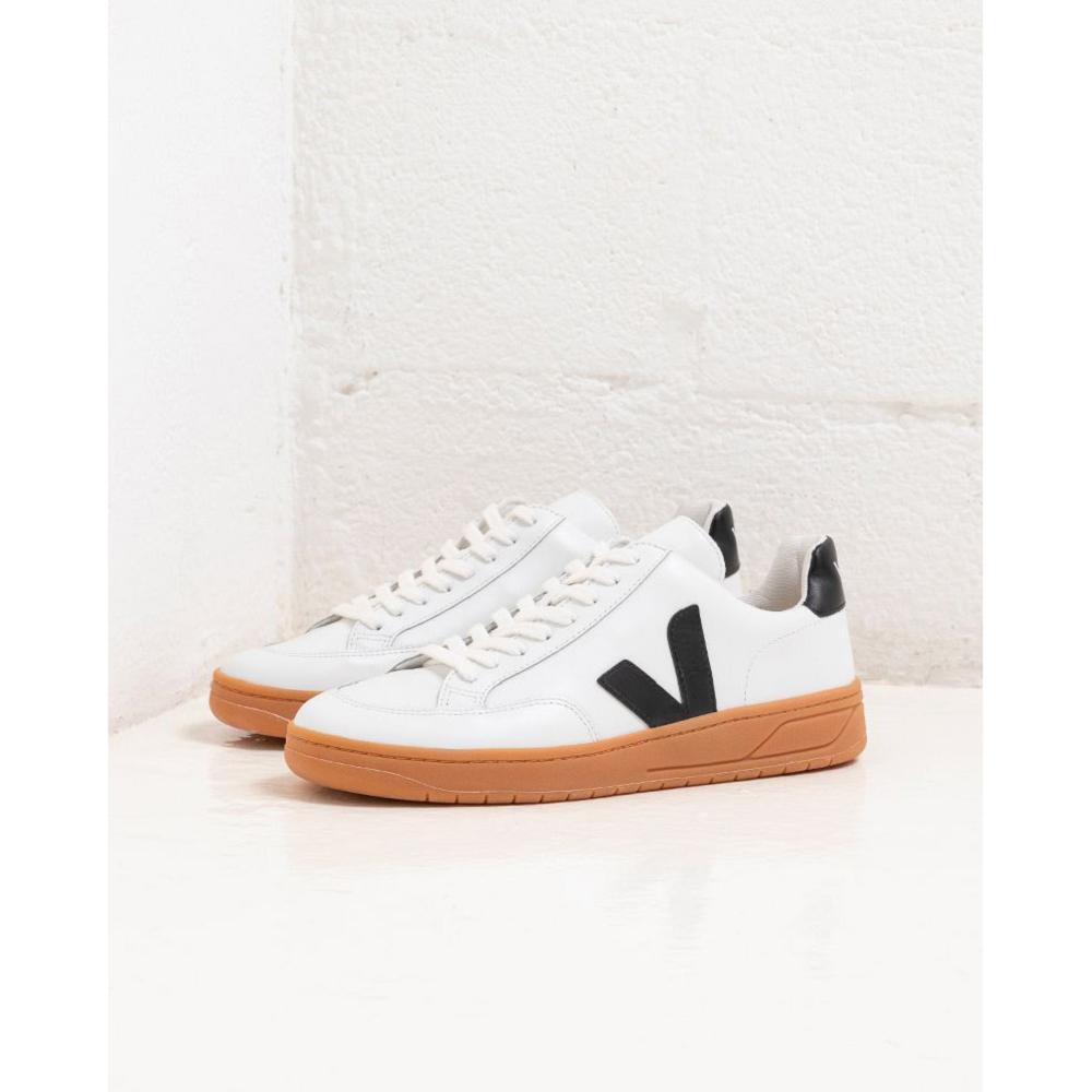 Women's Veja V-12 LEATHER Sneakers White/Black/Beige | SG 670LIS